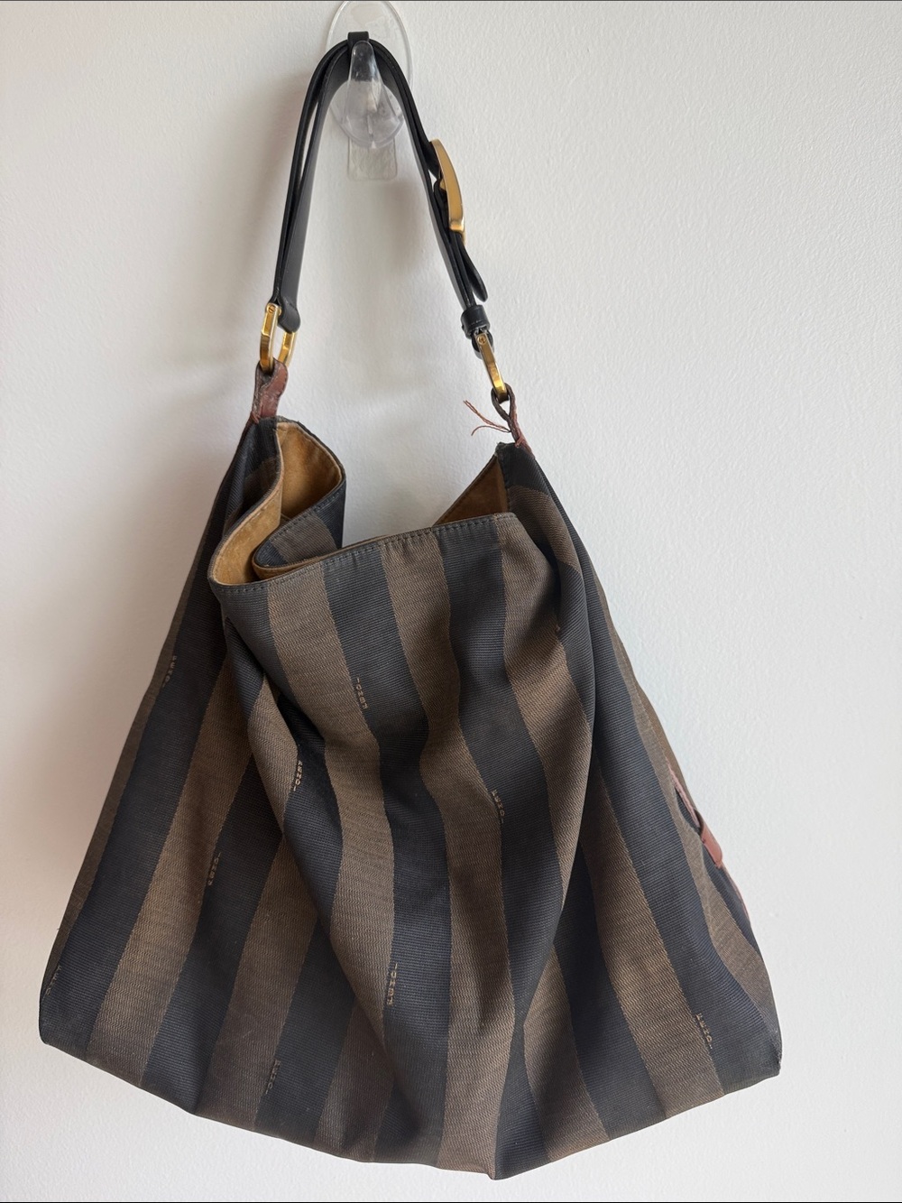 Fendi Brown & Black Striped Hobo Bag with Tan Leather Trim